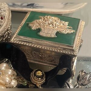 Vintage Japanese Silver Plated Trinket Box | Green Enamel Floral Basket Lid